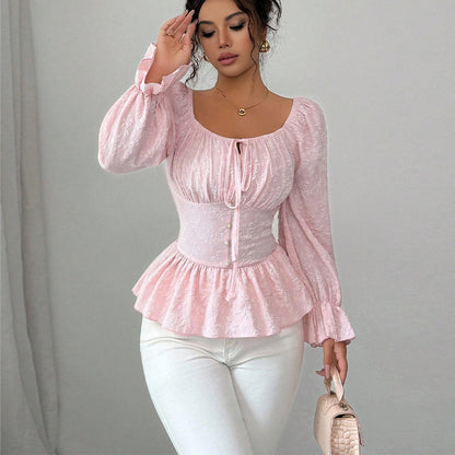 French-style Design New U-neck Tie Long-sleeved Top