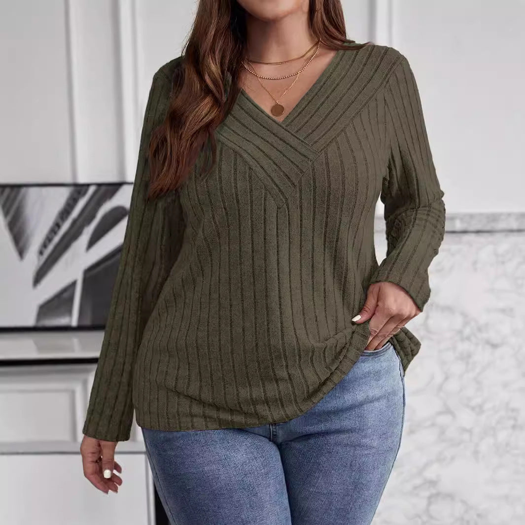 Autumn And Winter Solid Color Plus-size Cross V-neck Long-sleeve Ribbed Brushed Pullover T-shirt Top