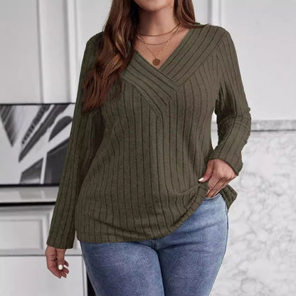 Autumn And Winter Solid Color Plus-size Cross V-neck Long-sleeve Ribbed Brushed Pullover T-shirt Top