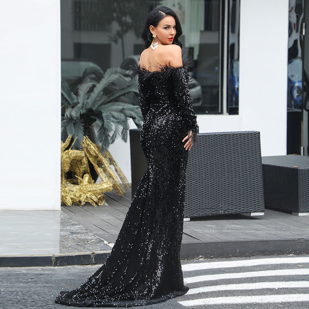 Off Shoulder Long Sleeve Feather Elegant Sequin Maxi Dresses