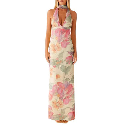 Womens Floral Halterneck Deep V-Neck Backless Bodycon Maxi Dress