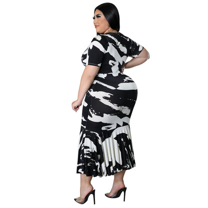 Women's Crew-Neck Short-Sleeve Ruffle-Trim Printed Plus-Size Dress