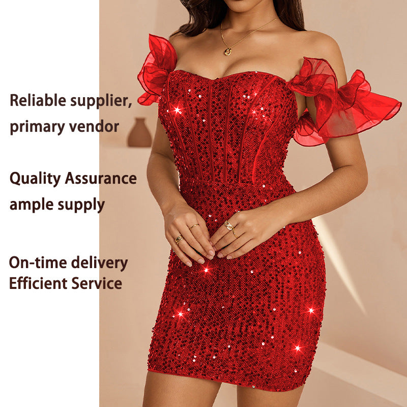 Womens Solid-Color Sequin Ruffle Hem Bodycon Slimming Mini Dress
