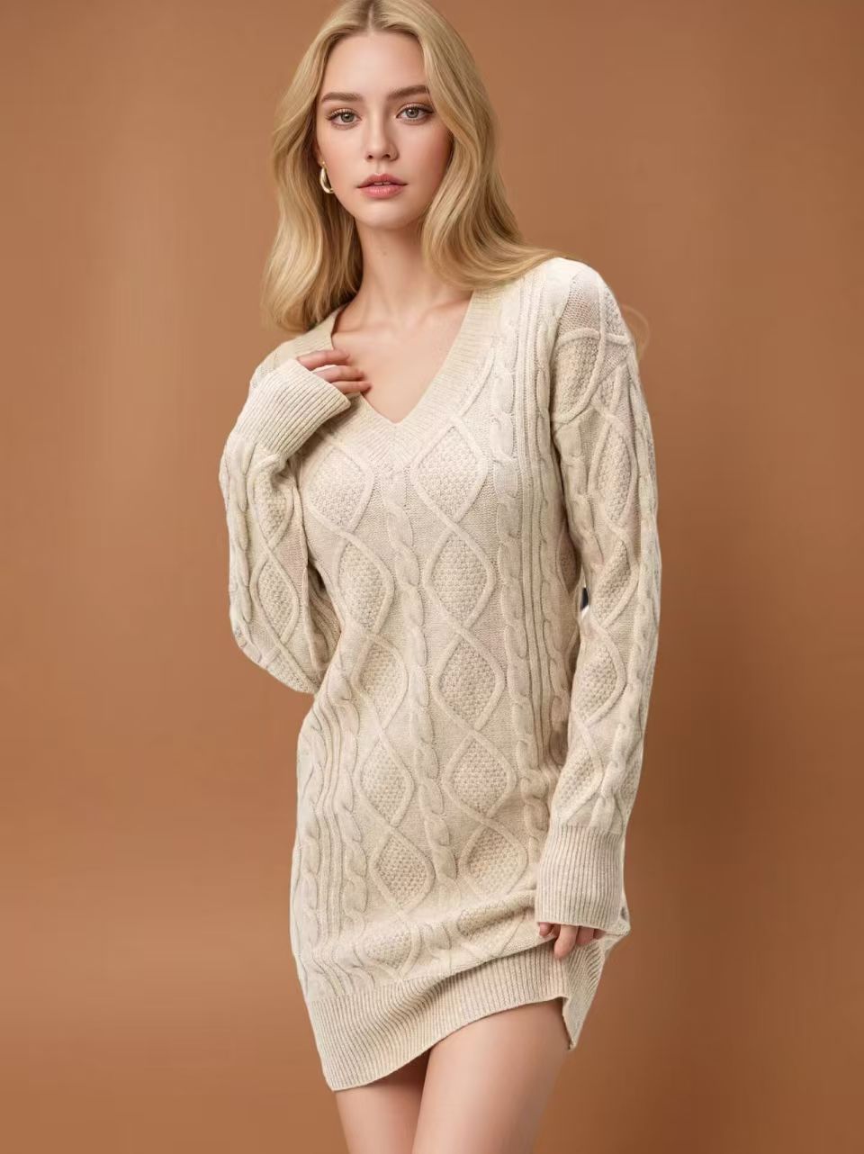 Mid-length Sweater V-neck Knitted Casual Twist Dress