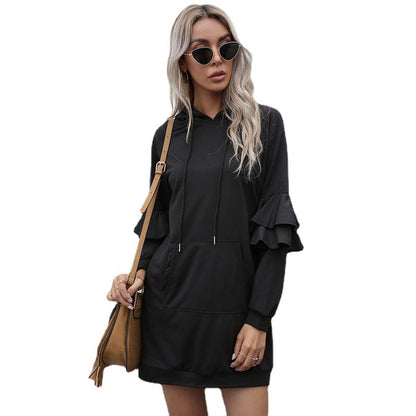 Long Sleeve Pullover Hoodie Skirt Women's Ruffled Patchwork Hoodie Skirt