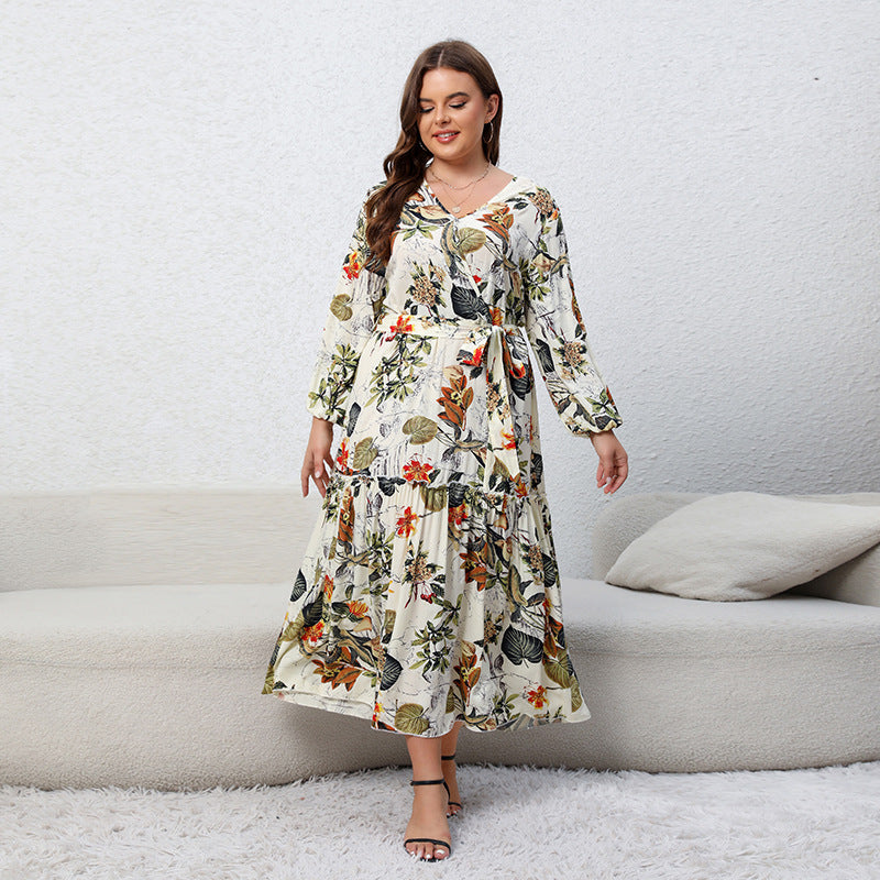 Printed V-neck Long Sleeve Floral Loose Big Hem Dress