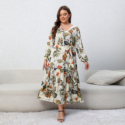 Printed V-neck Long Sleeve Floral Loose Big Hem Dress