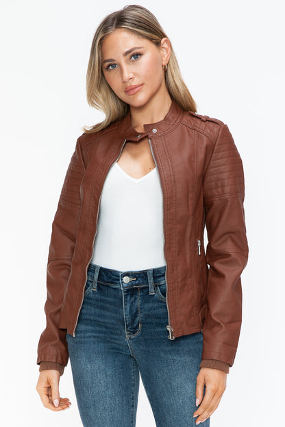 Snobbish PU Leather Biker Jacket with Side Zip Pockets