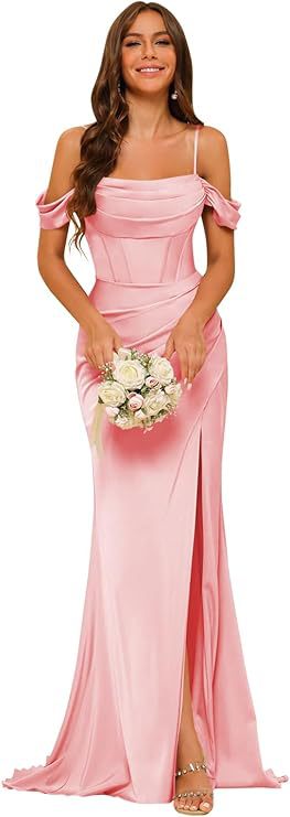 Off-the-shoulder Satin Bridesmaid Corset Ball Gown