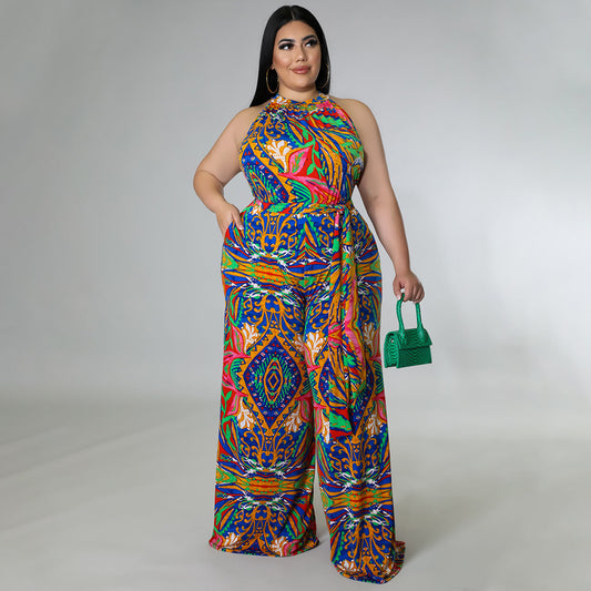 Women's Casual Halterneck Printed Jumpsuit With Belt Plus Size