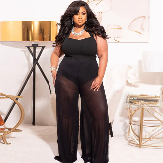 Women's Plus-Size Wide-Leg Jumpsuit Sexy Sheer Pants