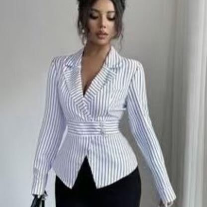 Elegant Women's Striped Long-sleeve Asymmetrical-neck Blouse