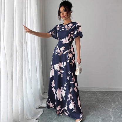 Floral Crew-neck Short-sleeve Waist-cinching Dress