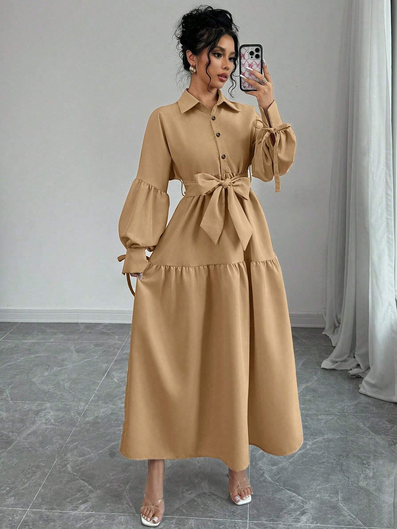 Fashionable Lace-up Long Sleeve Puff Sleeve Dress