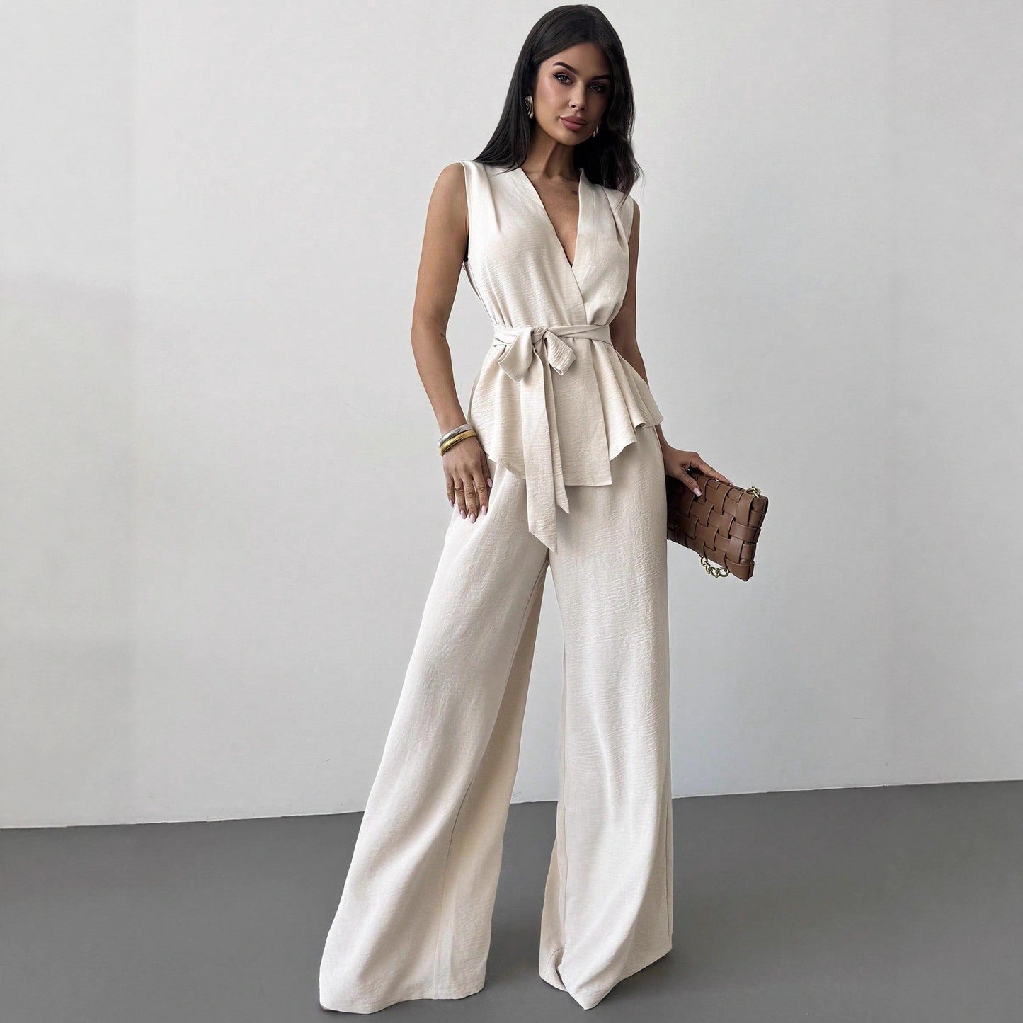 Lace-up V-neck Vest Top And Pants Two-piece Set