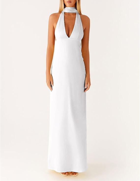 Womens Floral Halterneck Deep V-Neck Backless Bodycon Maxi Dress