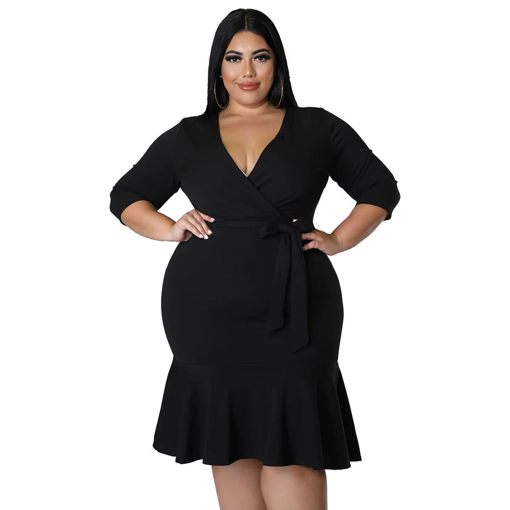 Sexy V-Neck Lace-Up Bodycon Dress With Ruffled Hem Plus-Size Women's Wear