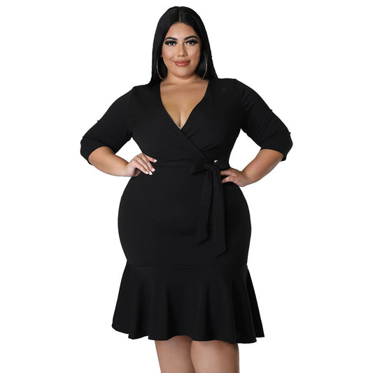 Sexy V-Neck Lace-Up Bodycon Dress With Ruffled Hem Plus-Size Women's Wear