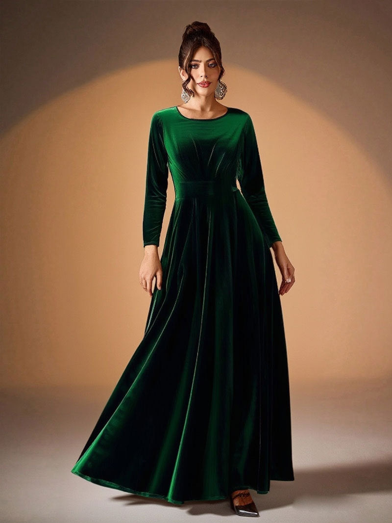Plus Size Velvet Long Sleeve Dress With Pleats
