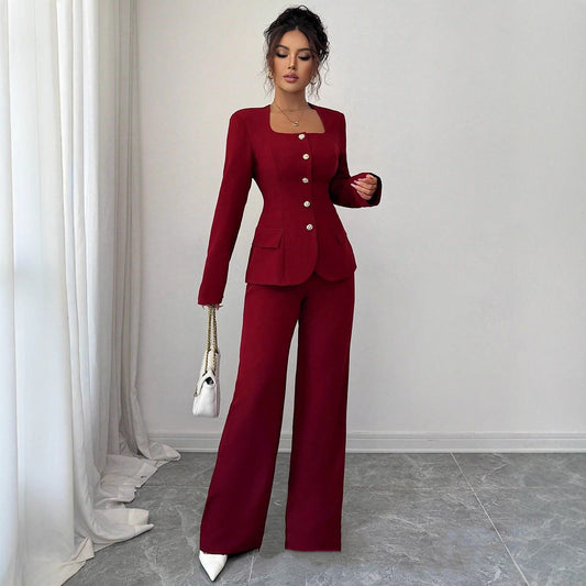 Defined-Waistline Long-Sleeve Top And Wide-Leg Pants Two-Piece Pants Set