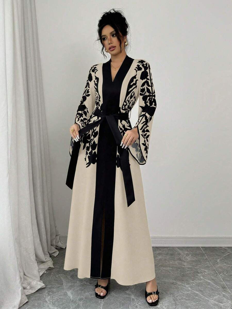 Women's V-neck Long Cardigan Printed Flared Long-sleeve Lace-up Dress