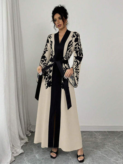 Women's V-neck Long Cardigan Printed Flared Long-sleeve Lace-up Dress