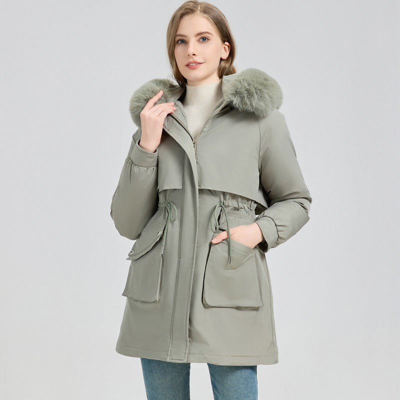 Winter Fur-Lined Hooded Parka Coat Mid-Length Down