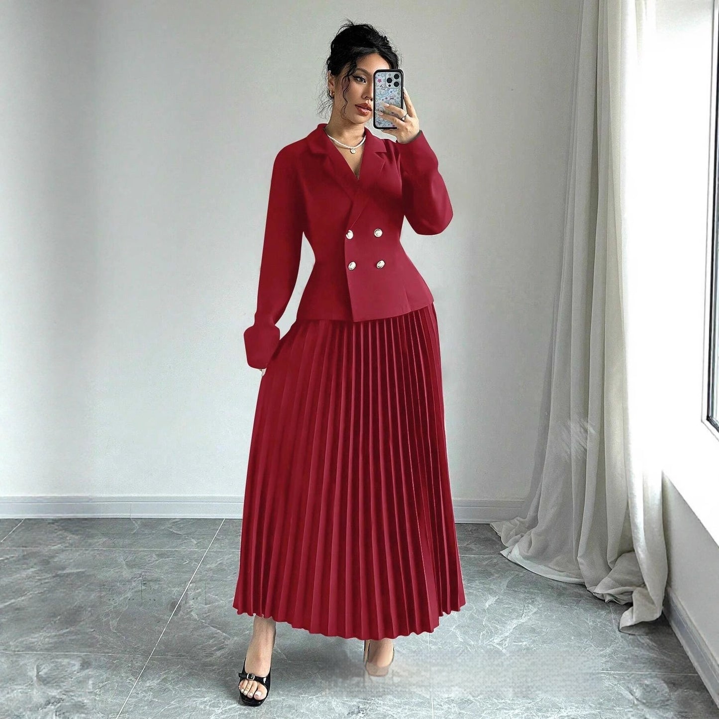 Womens Double-Breasted Top And Pleated Skirt Set