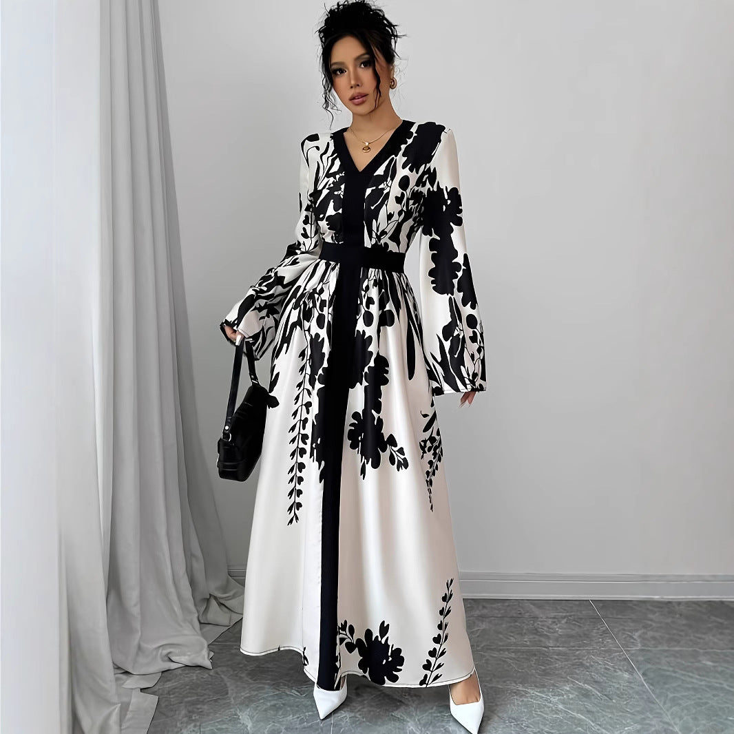 Temperament Print V-neck Slim Long Dress With Waist Belt Long Sleeves
