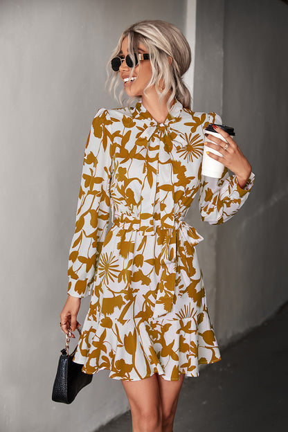 Floral Tie Neck Belted Puff Sleeve Dress