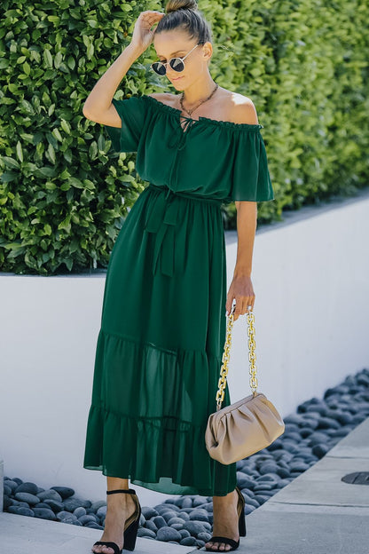 Tie Front Off-Shoulder Belted Tiered Maxi Dress