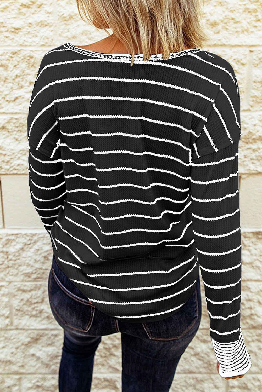 Striped Waffle Knit Henley Long Sleeve Top