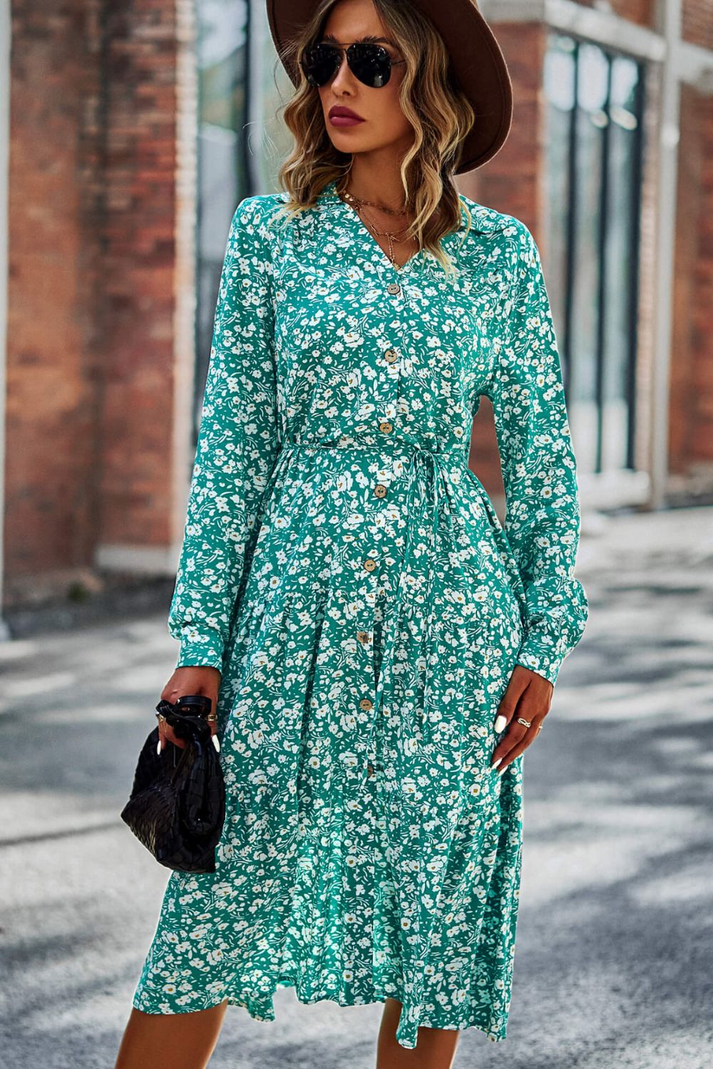 Printed Button Front Belted Tiered Shirt Dress