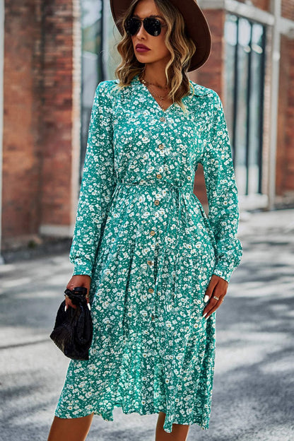 Printed Button Front Belted Tiered Shirt Dress