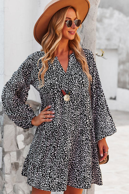 Printed Balloon Sleeve Ruffle Hem Dress