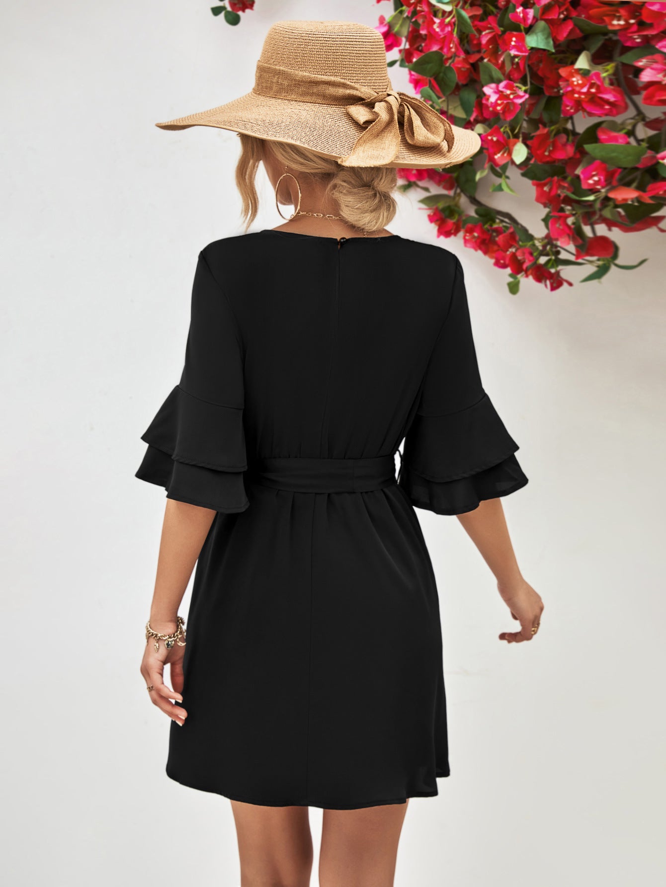 Round Neck Tie Belt Flounce Sleeve Dress