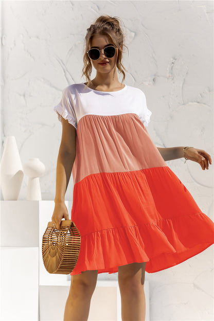 Color Block Round Neck Ruffle Hem Dress