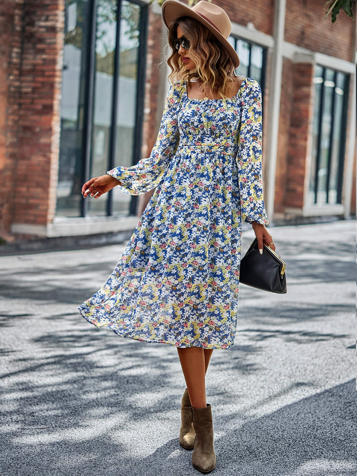 Floral Square Neck Smocked Balloon Sleeve Dress