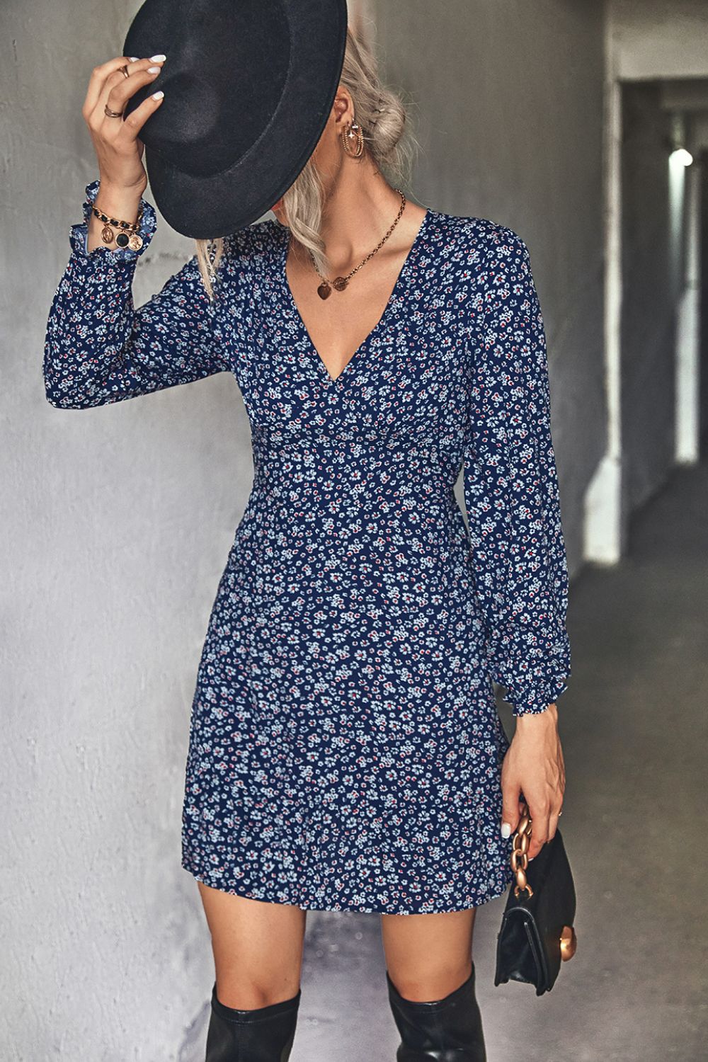 Ditsy Floral V-Neck Flounce Sleeve Dress