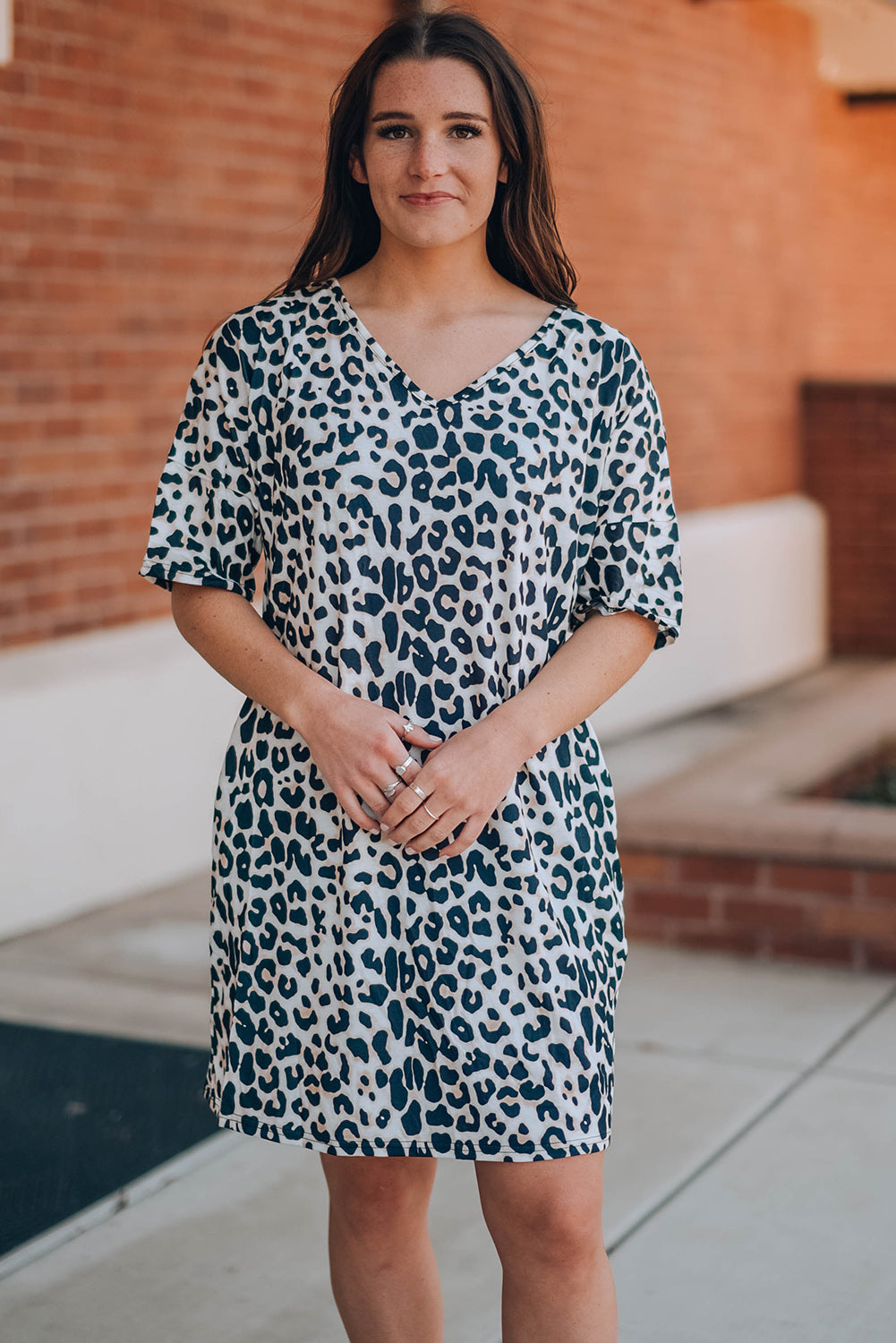 Leopard V-Neck Short Sleeve Mini Dress with Pockets