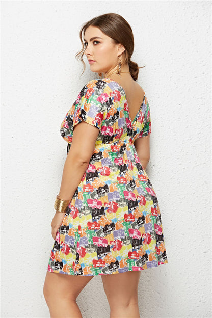 Printed Plunge Plus Size Dress