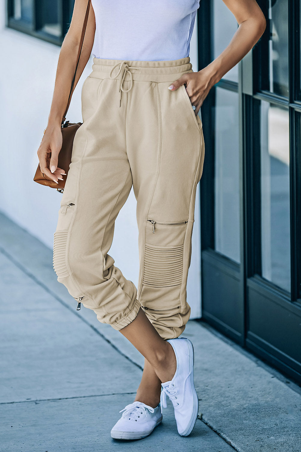 Drawstring Zipper Detail Joggers with Pockets
