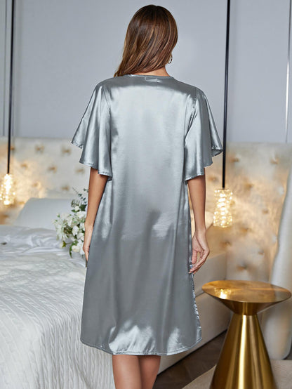 Flutter Sleeve V-Neck Side Slit Night Dress