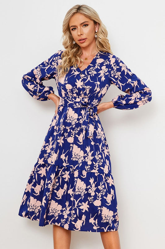 Floral Belted Tiered Midi Dress