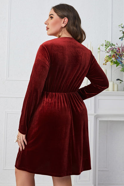 Plus Size V-Neck Decorative Button Knee Length Dress