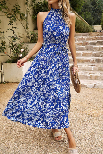 Printed Mock Neck Sleeveless Split Dress