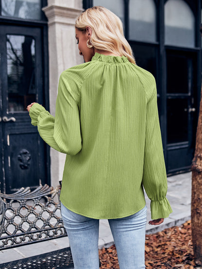 Ruffled Mock Neck Flounce Sleeve Blouse