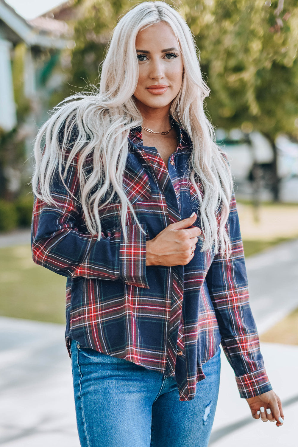 Plaid Long Sleeve Shirt with Breast Pockets