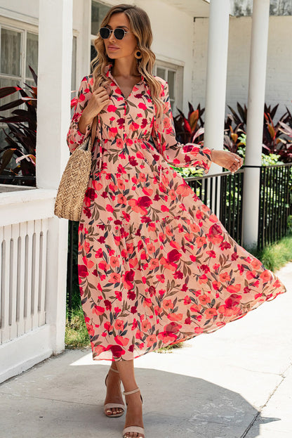 Floral Tie Neck Flounce Sleeve Tiered Dress