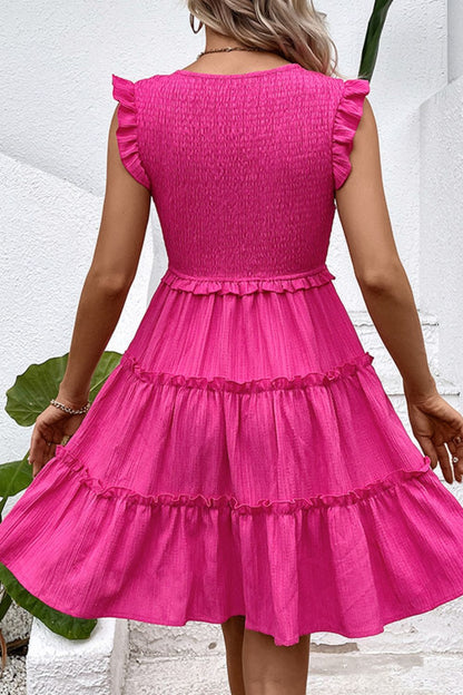 Smocked Frill Trim Deep V Dress